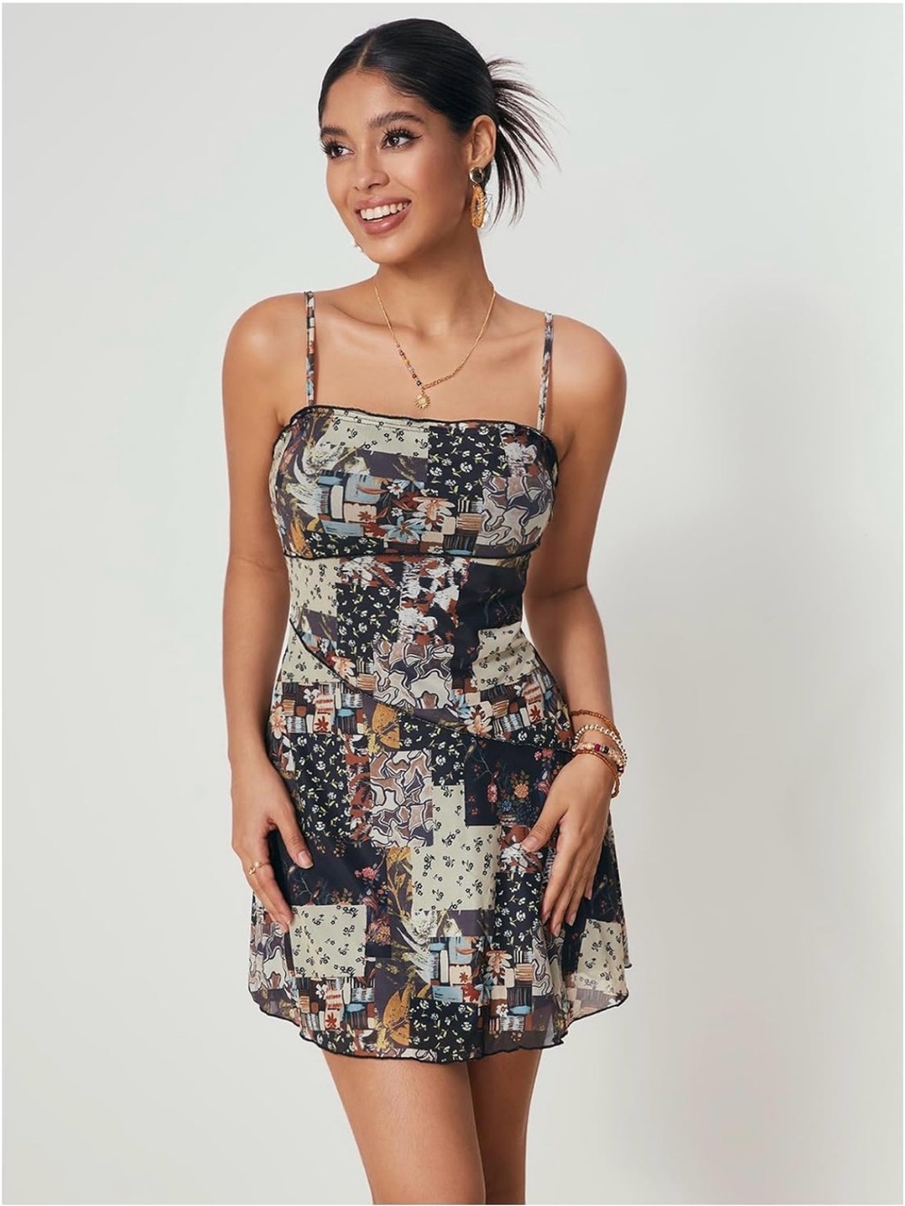 Women's Summer Boho Patchwork Print Spaghetti Strap Cami Dress